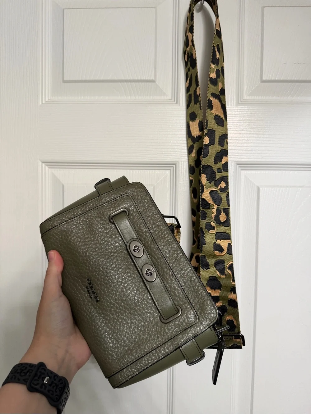 Coach Olive Green Pebbled Leather Crossbody with Leopard Print Strap